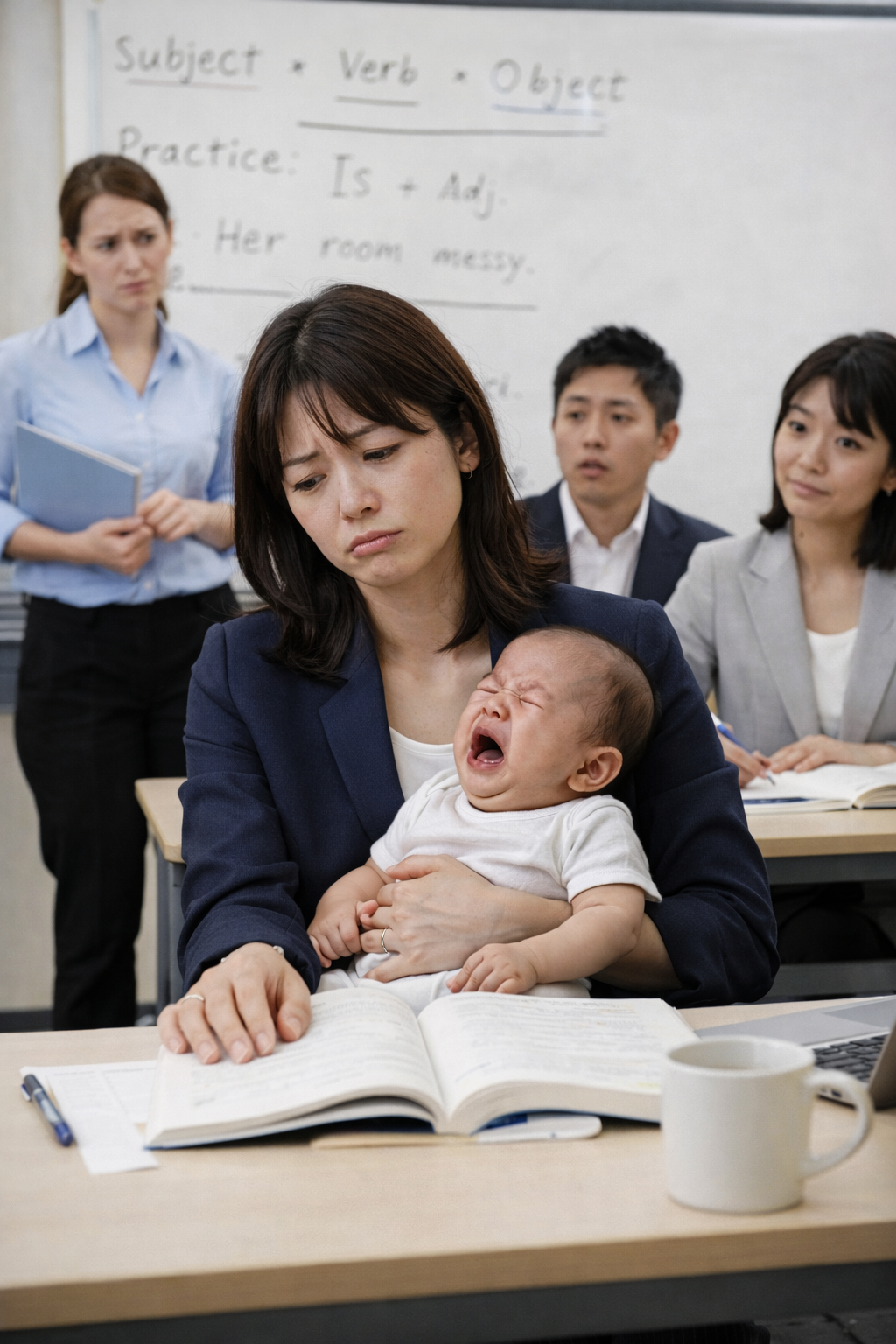 赤ちゃん連れで家で勉強するイメージ