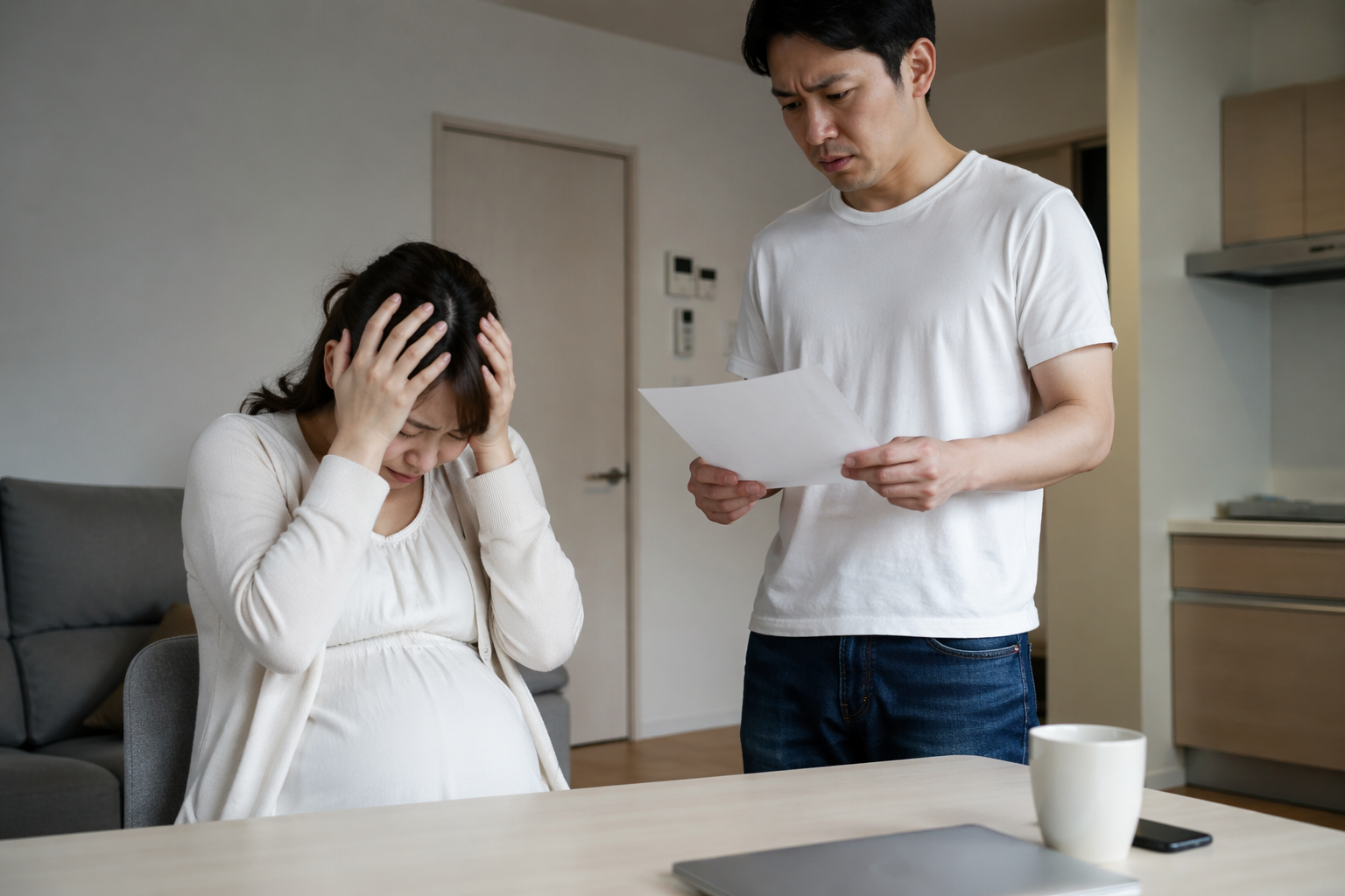 妊娠後期に海外赴任の内示を受けた場面のイラスト